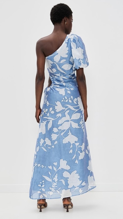 Elegant Women One Shoulder Ruffle Tight Waist Cut Out Floral Print Casual Dress