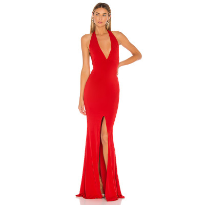 Sexy Red Gown Deep V Hidden High Slit Back Zip Metal Ring Accents Tie Up Halter Maxi Dress