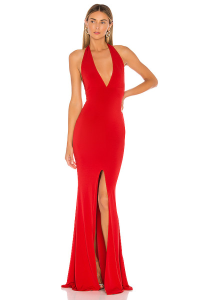 Sexy Red Gown Deep V Hidden High Slit Back Zip Metal Ring Accents Tie Up Halter Maxi Dress