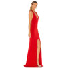 Sexy Red Gown Deep V Hidden High Slit Back Zip Metal Ring Accents Tie Up Halter Maxi Dress