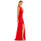 Sexy Red Gown Deep V Hidden High Slit Back Zip Metal Ring Accents Tie Up Halter Maxi Dress