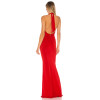 Sexy Red Gown Deep V Hidden High Slit Back Zip Metal Ring Accents Tie Up Halter Maxi Dress