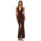 Sexy Red Gown Deep V Hidden High Slit Back Zip Metal Ring Accents Tie Up Halter Maxi Dress