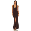Sexy Red Gown Deep V Hidden High Slit Back Zip Metal Ring Accents Tie Up Halter Maxi Dress