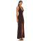 Sexy Red Gown Deep V Hidden High Slit Back Zip Metal Ring Accents Tie Up Halter Maxi Dress