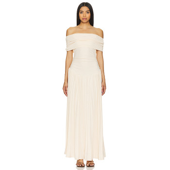 2025 New Arrival Off the Shoulder Draped Slip on Dress in Metallic Ribbed Jersey Fabric Maxi Dress