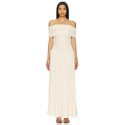 2025 New Arrival Off the Shoulder Draped Slip on Dress in Metallic Ribbed Jersey Fabric Maxi Dress