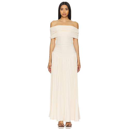 2025 New Arrival Off the Shoulder Draped Slip on Dress in Metallic Ribbed Jersey Fabric Maxi Dress