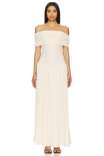 2025 New Arrival Off the Shoulder Draped Slip on Dress in Metallic Ribbed Jersey Fabric Maxi Dress