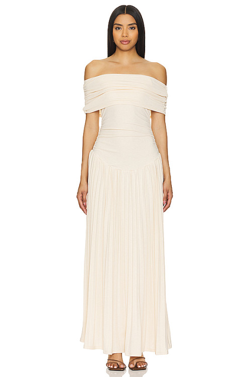 2025 New Arrival Off the Shoulder Draped Slip on Dress in Metallic Ribbed Jersey Fabric Maxi Dress