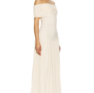 2025 New Arrival Off the Shoulder Draped Slip on Dress in Metallic Ribbed Jersey Fabric Maxi Dress