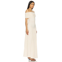 2025 New Arrival Off the Shoulder Draped Slip on Dress in Metallic Ribbed Jersey Fabric Maxi Dress