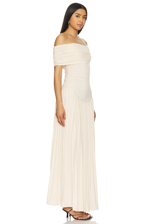 2025 New Arrival Off the Shoulder Draped Slip on Dress in Metallic Ribbed Jersey Fabric Maxi Dress