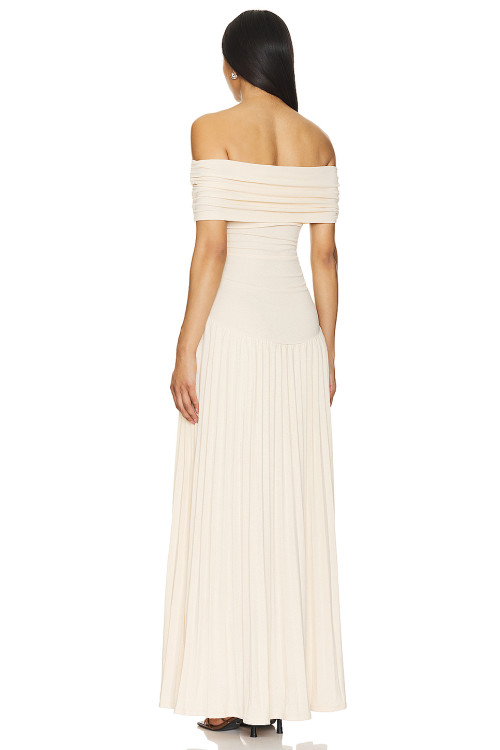 2025 New Arrival Off the Shoulder Draped Slip on Dress in Metallic Ribbed Jersey Fabric Maxi Dress