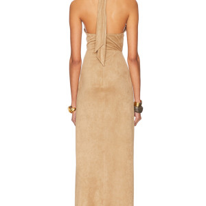 Designer Boutique Vintage Elegant Draped Backless Ruffle Tight Waist High Slit Evening Dress