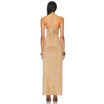 Designer Boutique Vintage Elegant Draped Backless Ruffle Tight Waist High Slit Evening Dress