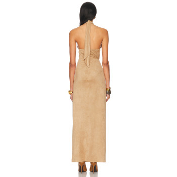 Designer Boutique Vintage Elegant Draped Backless Ruffle Tight Waist High Slit Evening Dress