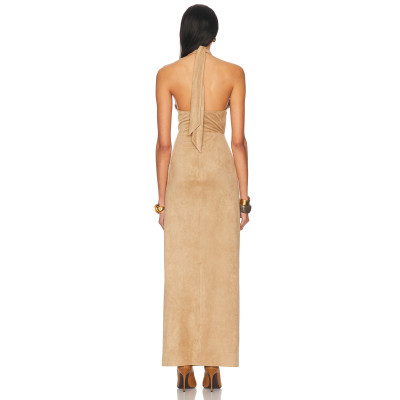 Designer Boutique Vintage Elegant Draped Backless Ruffle Tight Waist High Slit Evening Dress