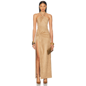 Designer Boutique Vintage Elegant Draped Backless Ruffle Tight Waist High Slit Evening Dress