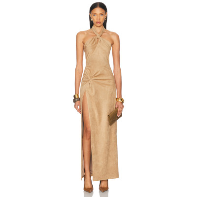 Designer Boutique Vintage Elegant Draped Backless Ruffle Tight Waist High Slit Evening Dress