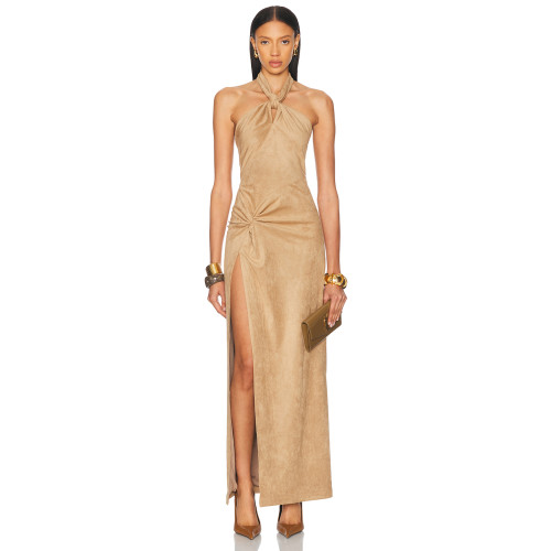 Designer Boutique Vintage Elegant Draped Backless Ruffle Tight Waist High Slit Evening Dress