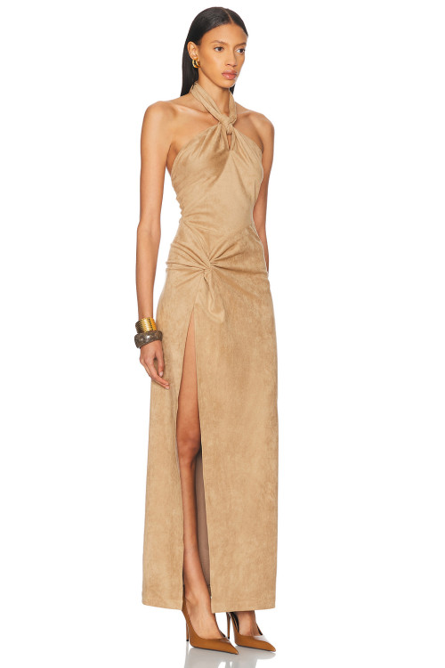 Designer Boutique Vintage Elegant Draped Backless Ruffle Tight Waist High Slit Evening Dress