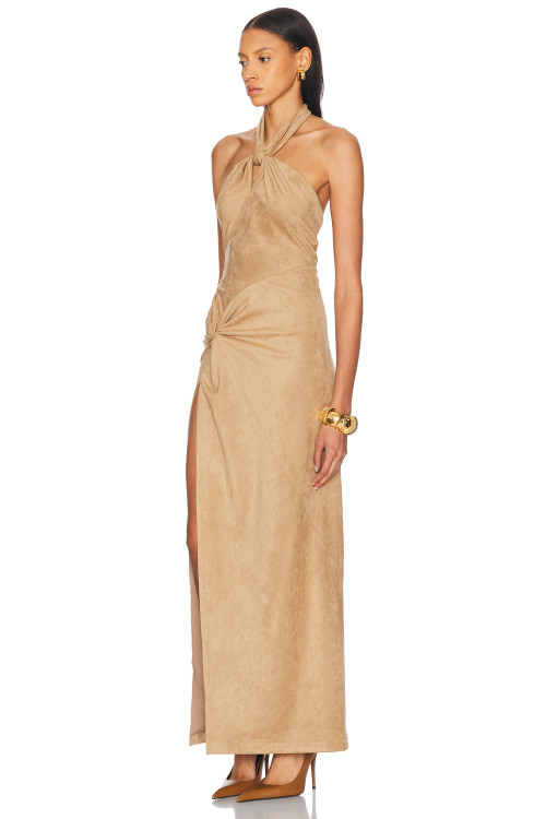 Designer Boutique Vintage Elegant Draped Backless Ruffle Tight Waist High Slit Evening Dress