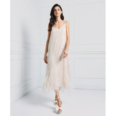Elegant Best selling Stable Fabric Adjustable Thin Straps V Neckline Back Fringe Details Long Dress