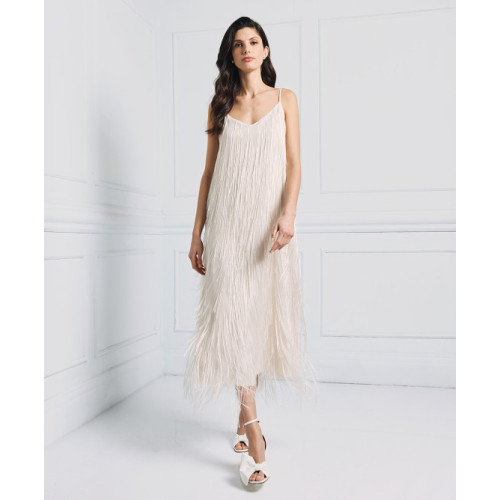 Elegant Best selling Stable Fabric Adjustable Thin Straps V Neckline Back Fringe Details Long Dress
