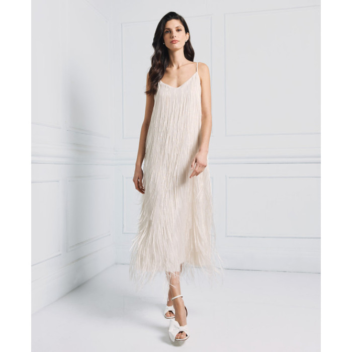 Elegant Best selling Stable Fabric Adjustable Thin Straps V Neckline Back Fringe Details Long Dress