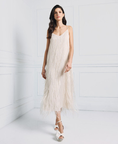 Elegant Best selling Stable Fabric Adjustable Thin Straps V Neckline Back Fringe Details Long Dress
