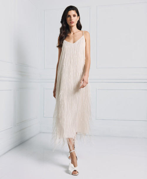 Elegant Best selling Stable Fabric Adjustable Thin Straps V Neckline Back Fringe Details Long Dress