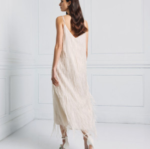 Elegant Best selling Stable Fabric Adjustable Thin Straps V Neckline Back Fringe Details Long Dress