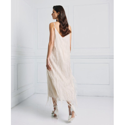 Elegant Best selling Stable Fabric Adjustable Thin Straps V Neckline Back Fringe Details Long Dress