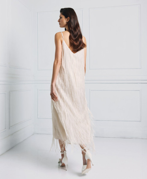 Elegant Best selling Stable Fabric Adjustable Thin Straps V Neckline Back Fringe Details Long Dress