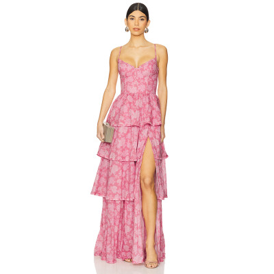 Romantic Elegant Casual Flowy Side split Floral printed Custom Logo Woman’s Long Dress