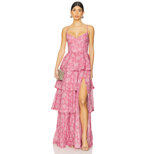 Romantic Elegant Casual Flowy Side split Floral printed Custom Logo Woman’s Long Dress