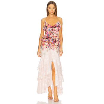 2025 New Fashion Floral printed Side split Strappy Tiered Camisole Gradient Maxi Dress
