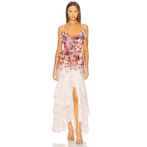 2025 New Fashion Floral printed Side split Strappy Tiered Camisole Gradient Maxi Dress