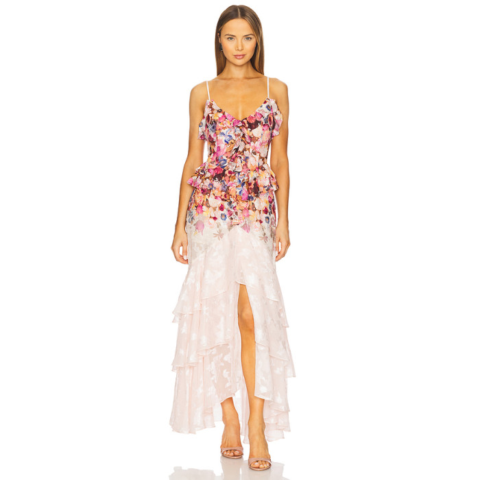 2025 New Fashion Floral printed Side split Strappy Tiered Camisole Gradient Maxi Dress