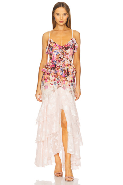 2025 New Fashion Floral printed Side split Strappy Tiered Camisole Gradient Maxi Dress