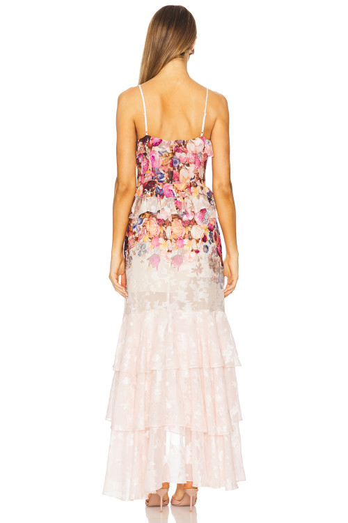 2025 New Fashion Floral printed Side split Strappy Tiered Camisole Gradient Maxi Dress