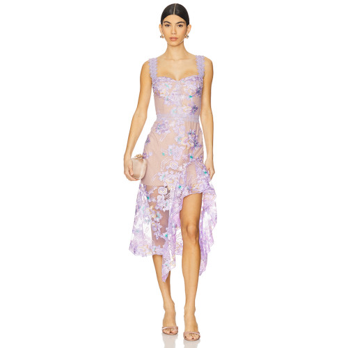 2025 Fashionable Embroidered Enchanted Sexy Side split Asymmetrical Hem Midi Dress