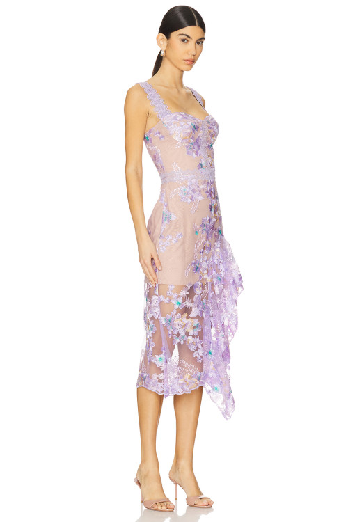 2025 Fashionable Embroidered Enchanted Mesh Side split Asymmetrical Hem Midi Dress