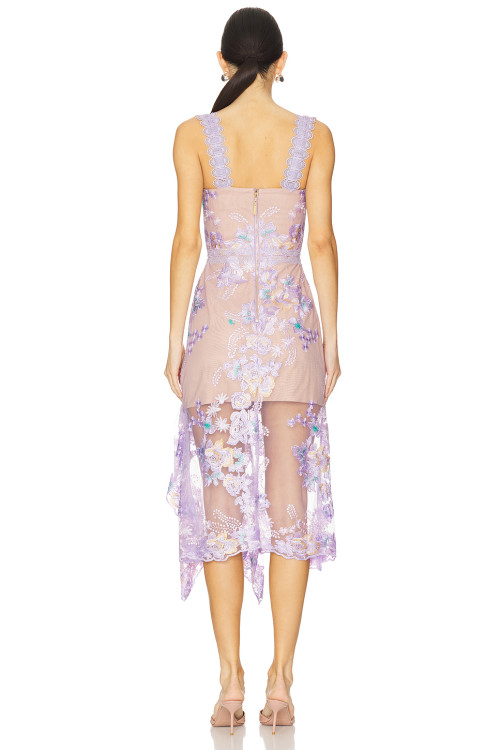 2025 Fashionable Embroidered Enchanted Mesh Side split Asymmetrical Hem Midi Dress