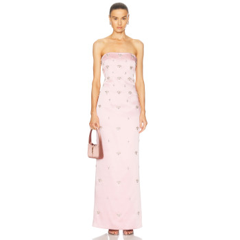 2025 Glamorous Strapless Blush Satin Exquisite Crystal Embellishments Maxi Dress