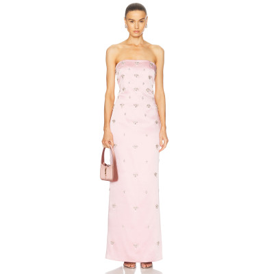 2025 Glamorous Strapless Blush Satin Exquisite Crystal Embellishments Maxi Dress