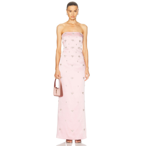 2025 Glamorous Strapless Blush Satin Exquisite Crystal Embellishments Maxi Dress