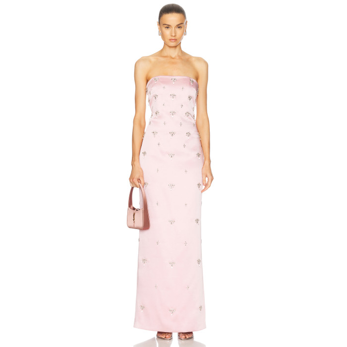 2025 Glamorous Strapless Blush Satin Exquisite Crystal Embellishments Maxi Dress