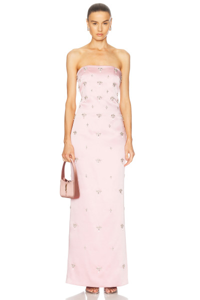 2025 Glamorous Strapless Blush Satin Exquisite Crystal Embellishments Maxi Dress